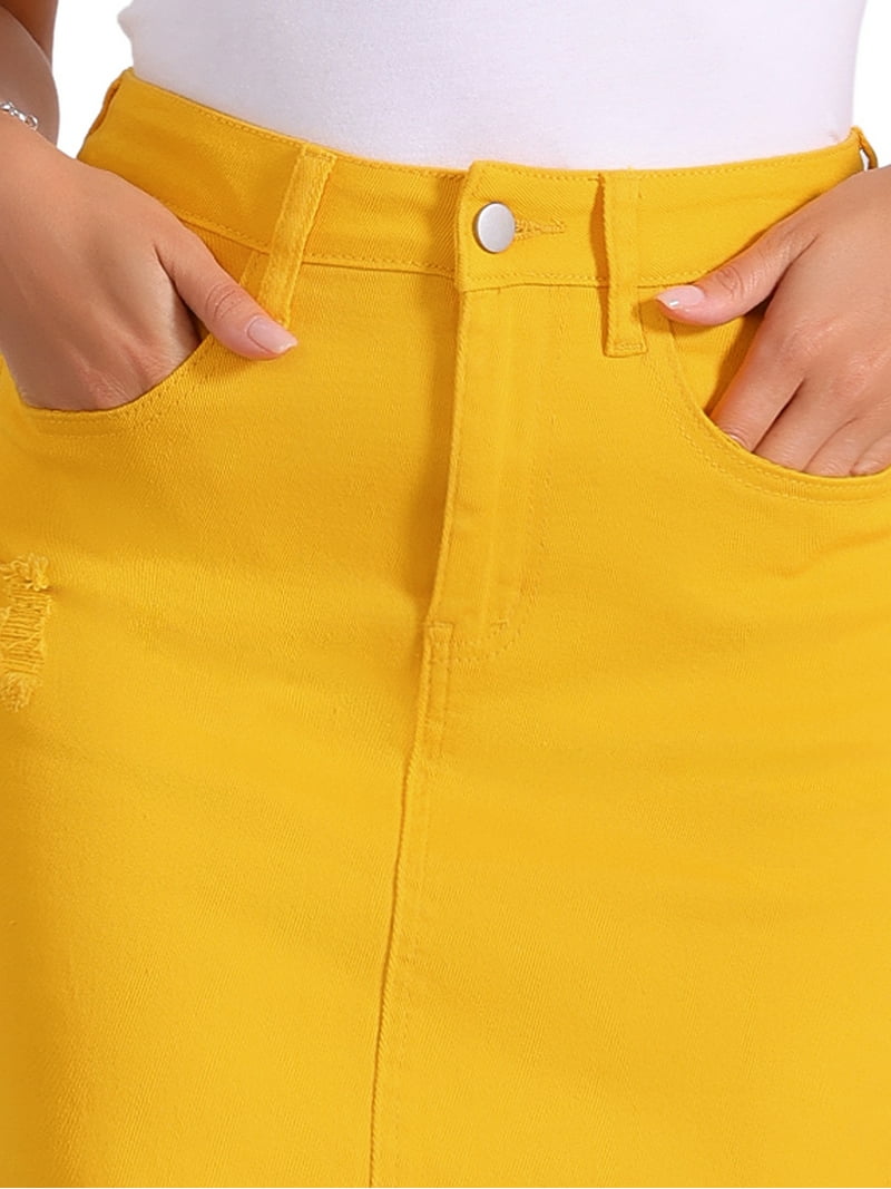DARING DIVA Women's Ripped Hem Washed Jeans Denim Skirt L Yellow