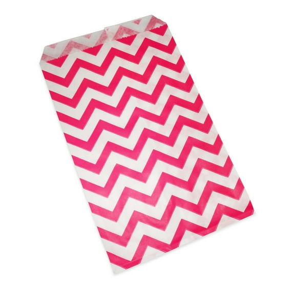 100 Qty 4" x 6" Decorative Flat Paper Gift Bags - Pink Chevron Pattern on White Kraft Bags - for Sales/Treats/Parties Cookies/Gifts - N'icePackaging