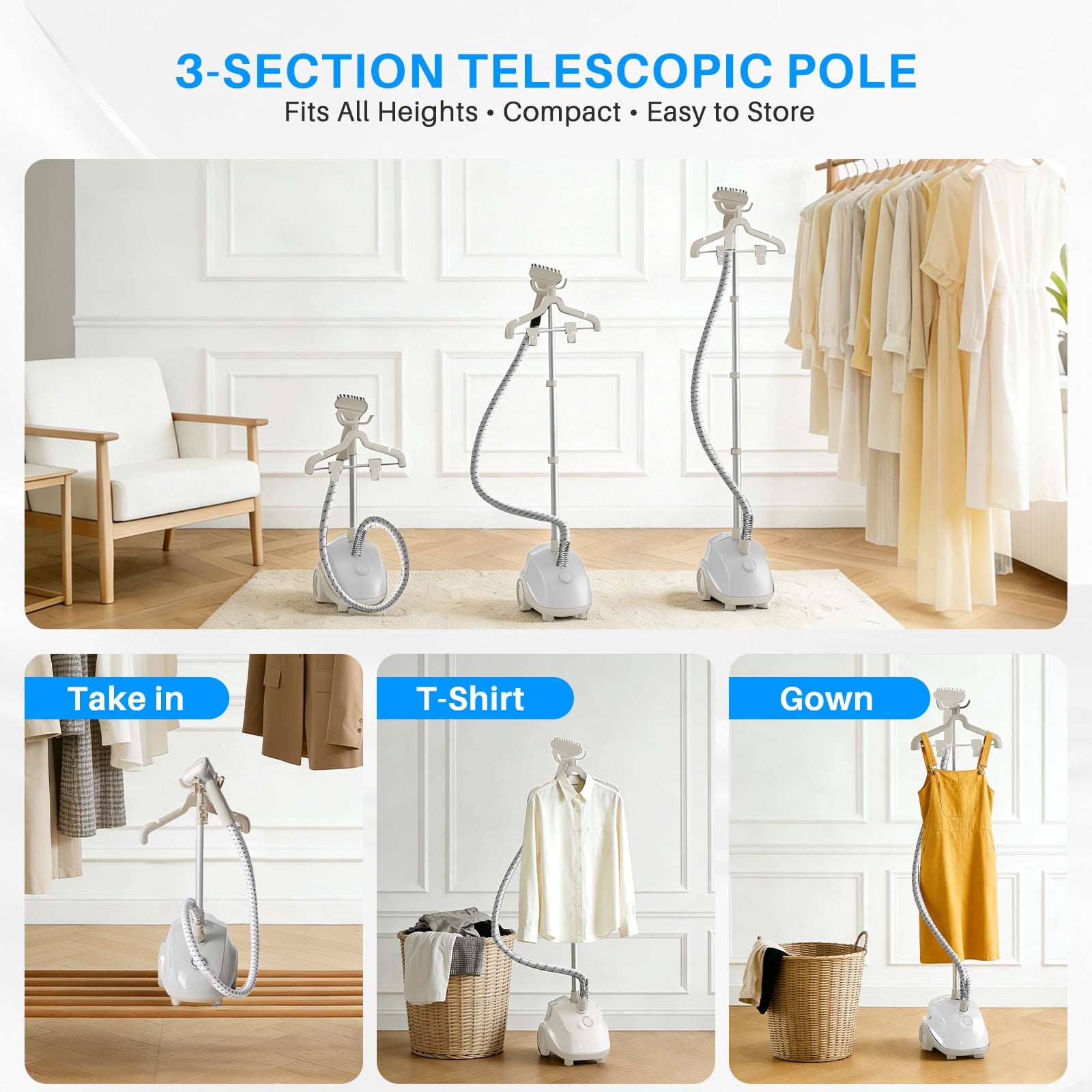 Beddle Steamer for Clothes with Stand,1500W Powerful Garment Steamer with Roll Wheels, 1.7 L Water Tank,Auto Shut-off, Beige