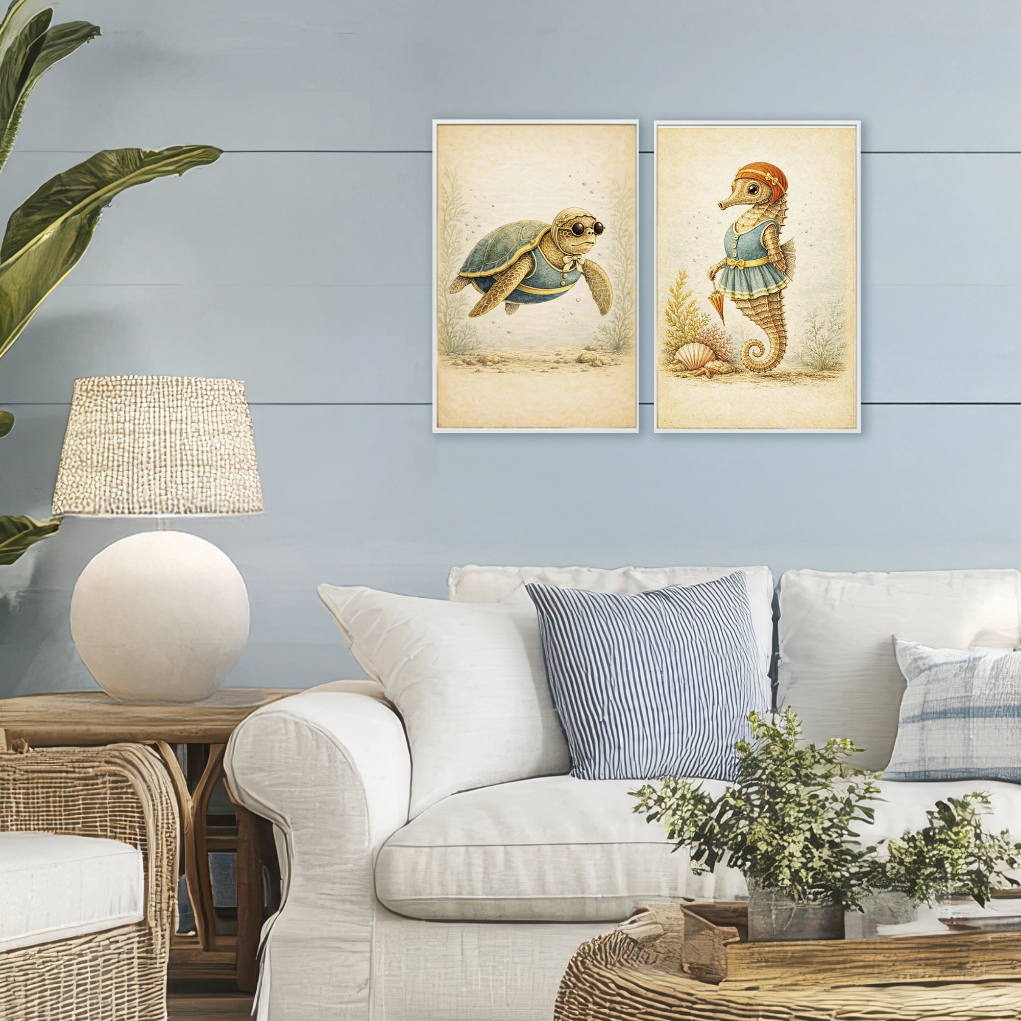 Stupell Industries Vintage Maritime Bathing Animals 2 Piece White Framed Giclee Art Set, design by Grotto Studios