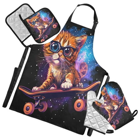 

5 Pcs Kitchen Set Heat Resistant Oven Mitts and Non-Slip Pot Holders with Adjustable Cooking Apron Cat with Glasses Skateboard
