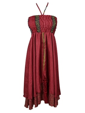Mogul Ready For Love Recycled Vintage Silk Sari Two Layer Bohemian Fashion Printed Beach Wear Evening Summer Dress