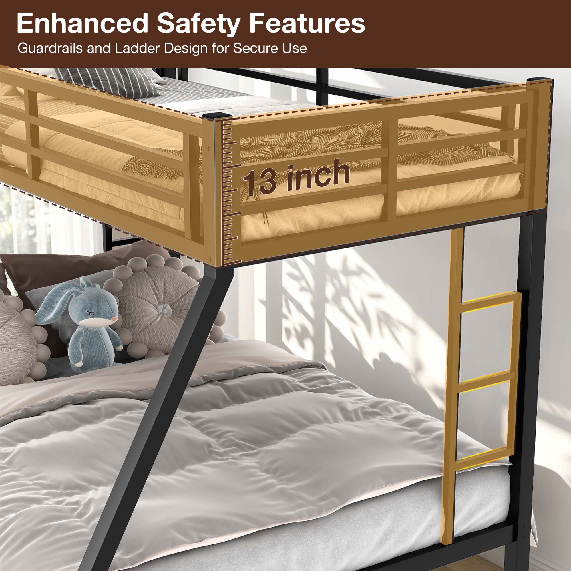 Miniyam Twin Over Full Metal Bunk Bed with Ladder and Guardrails, Black Finish