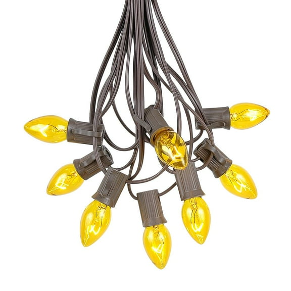 Novelty Lights 25 Feet C7 Yellow Christmas String Light Set, Vintage Holiday Hanging Light Set, Brown Wire