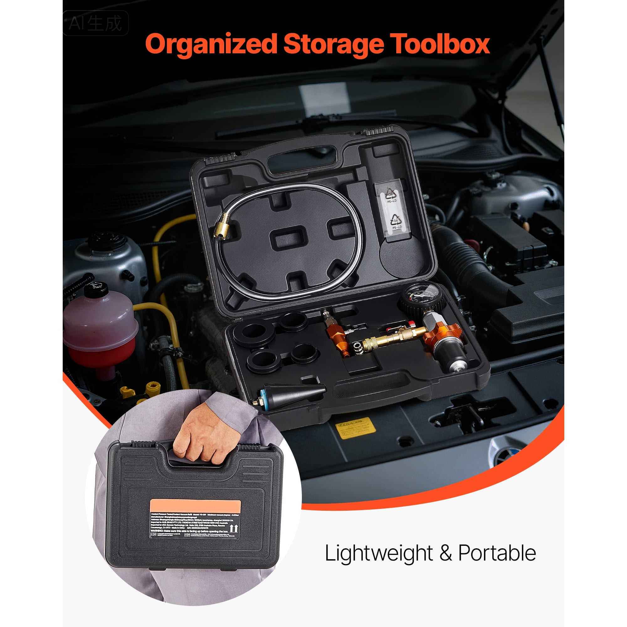KFFKFF Radiator Vacuum Refill Kit, Automotive Cooling System Vacuum and Purge Tool with Gauge, Portable Coolant Filling Kit with Toolbox, Compatible with Most Cars, Vans, SUVs, and Trucks