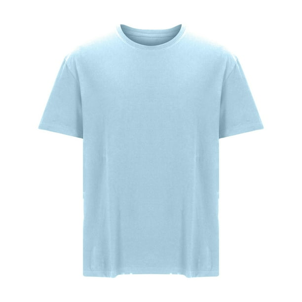 Playera Elvqul Hombre Manga Corta de Color Sólido Azul Claro Casuales Cuello Redondo Algodón