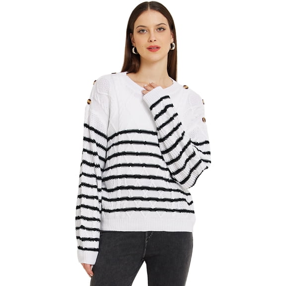 DARING DIVA Striped Pullover Crewneck Knitted Sweater S White