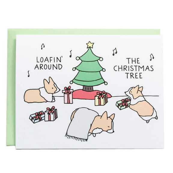 Corgi Christmas Card – "Loafin' Around the Christmas Tree" Design – Blank Inside, Envelope Included – Perfect Holiday Greeting for Dog Lovers
