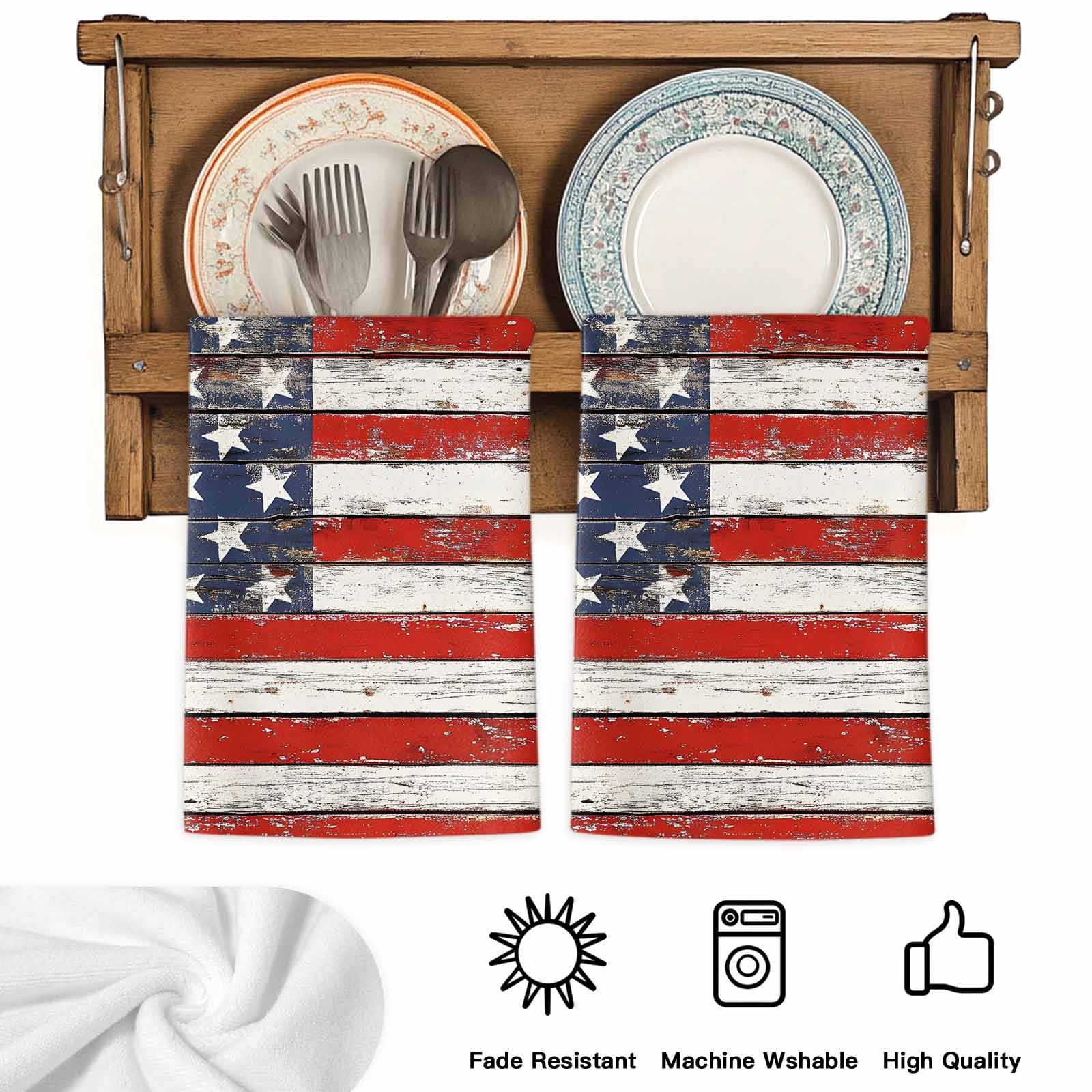American Flag Kitchen Towels Set of 2, Red Blue Star Stripes Rustic Farmhouse Wood Absorbent Dish Towels for Kitchen, Microfiber Hand Towel, Quick Drying Tea Towel for Cleaning Decorative Dishcloths
