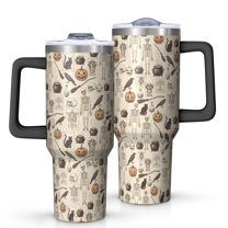 Beige Halloween Skull Pumpkin Cat Pattern Tumbler with Handle and Lid,40oz Double Wall Vacuum Insulated Tumbler,Cups Gift for Women and Men