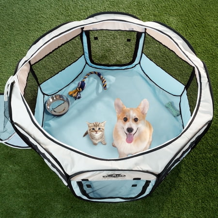 Portable Pop Up Pet Play Pen with carrying bag 38in diameter 24in Blue by PETMAKER