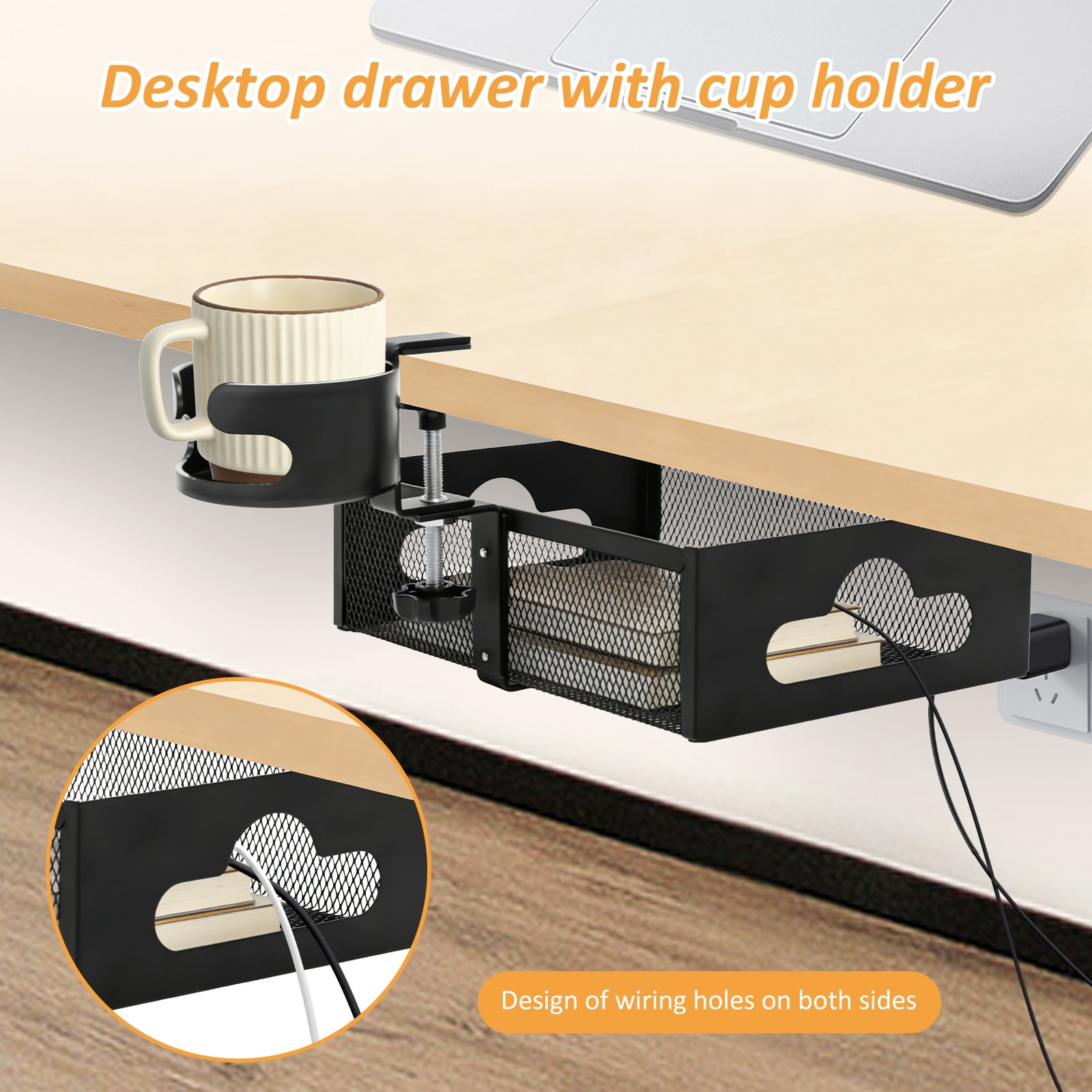Under Desk Storage Organizer with Cup Holder, 360° Rotating Mesh Desk Drawer with Cable Hole, No Drill Clamp On for Office Supplies Coffee Mug Headphone and Phone, Black