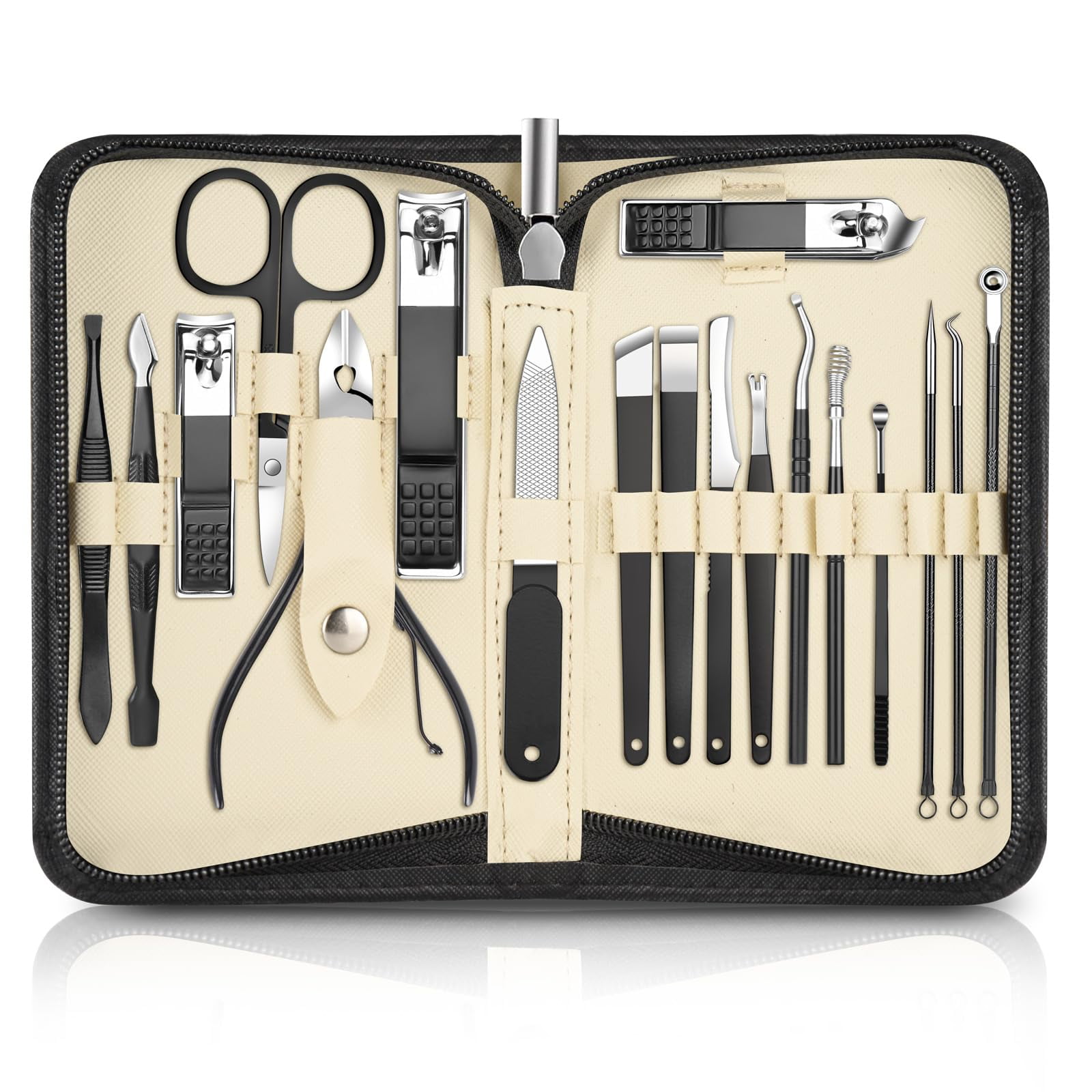 HEYMKGO 18pcs Nail Clipper Manicure Set for Adult Professional Stainless Steel Grooming Pedicure Kit with Travel Case Black