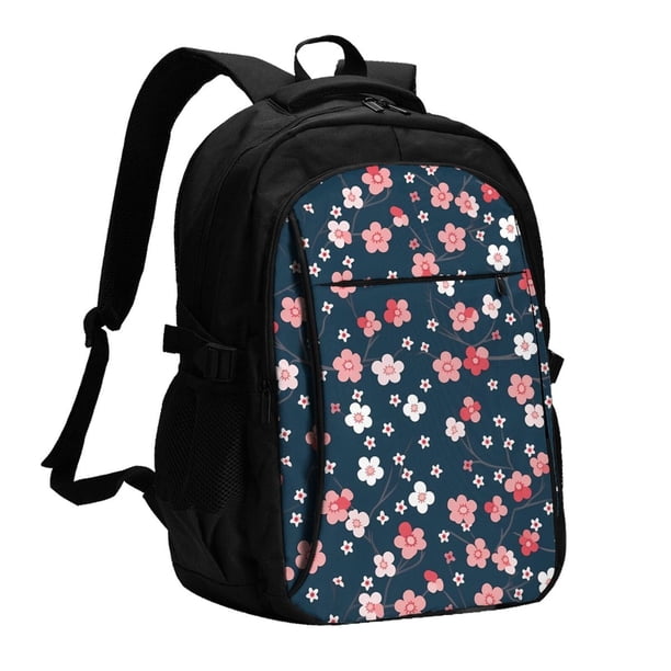 Easygdp Cherry Blossoms Mochila para Laptop de Viaje con Puerto USB, Mochila para Laptop con Puerto de Carga USB para Mujeres y Hombres