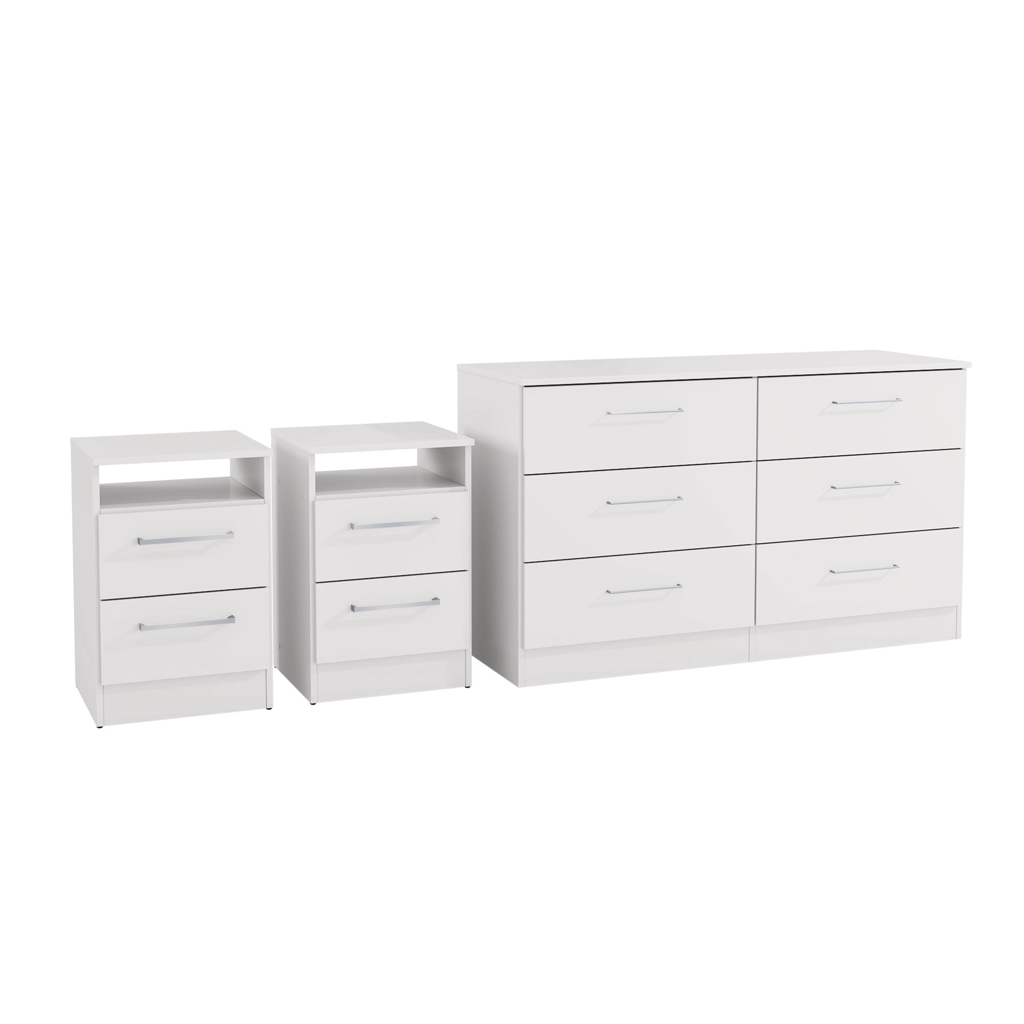Kappesberg Linden 3-Piece Bedroom Set – 6-Drawer Dresser and Two 2-Drawer Nightstands with Storage Shelf - White - for Adults and Teens
