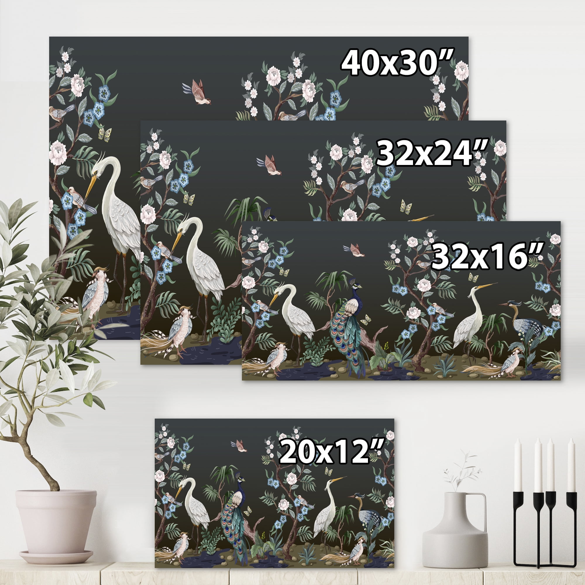 Designart ' Chinoiserie With Peonies and Birds IV ' Traditional Canvas Wall Art Print
