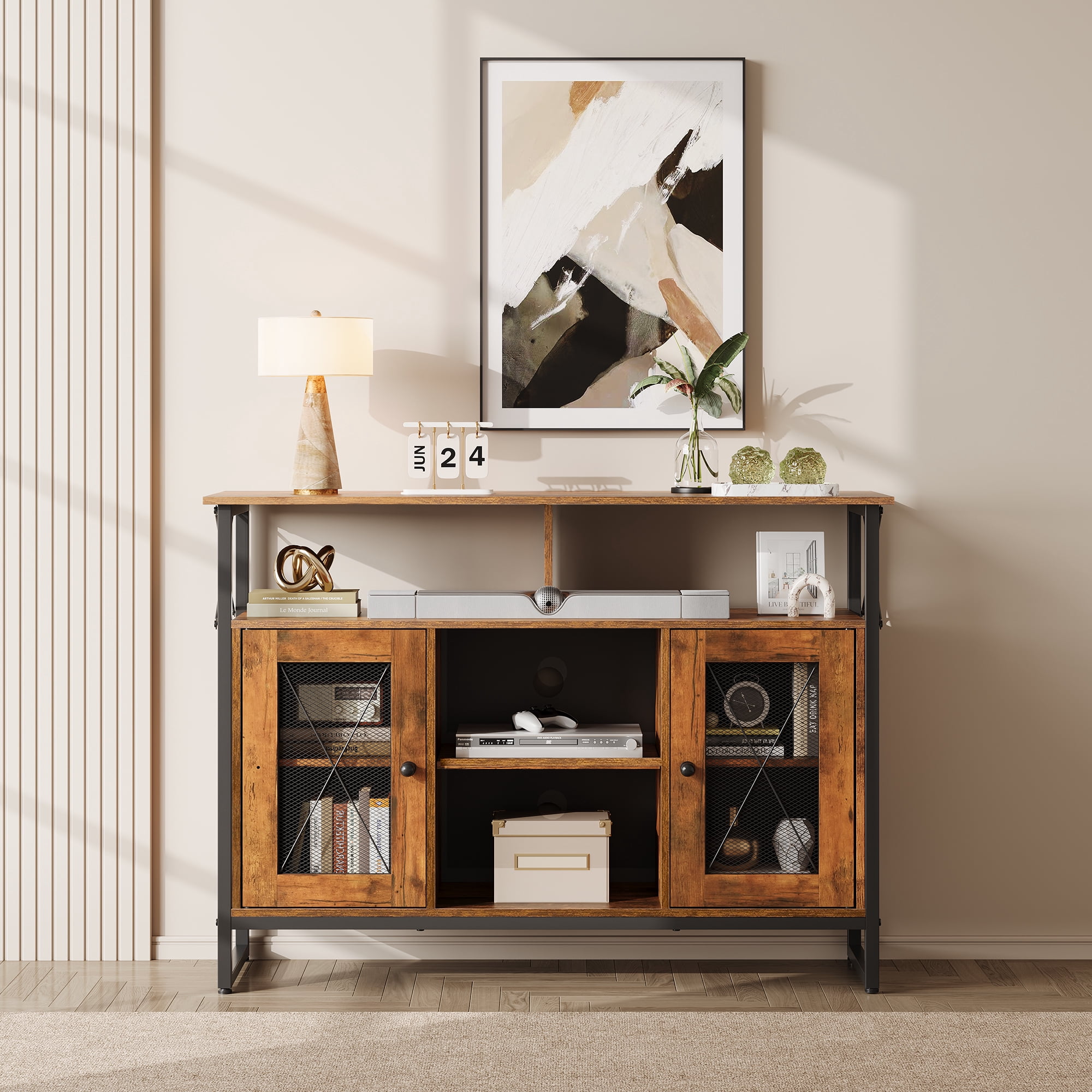 GALAXHERO TV Stand for 43 inch TV Small Entertainment Center with Storage Cabinet & Adjustable Shelves Farmhouse Industrial TV Table for Living Room and Bedroom, 32" TV Console, Rustic Brown