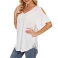 thumbnail image 2 of Mujer Hombro Frío Top Cuello En V Manga Con Volantes Color Puro Transpirable Encaje Patchwork Dobladillo Camisa Casual Blanco S, 2 of 6