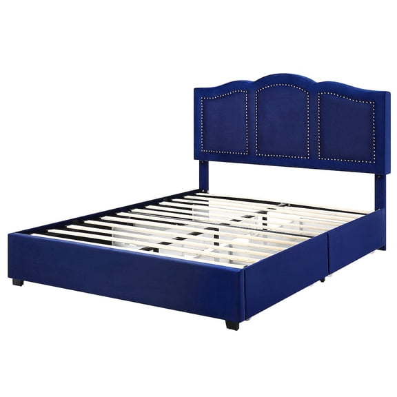 Furniture of America Alameda Fabric Upholstered Queen Bed with Drawers in Navy
