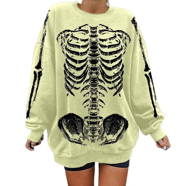 HUITKMM Chandail pour Femmes Unisexe Mode Imprimé Design Squelette Surdimensionné Longline Sans Capuche Col Rond pour et Mode Urbaine Décontracté