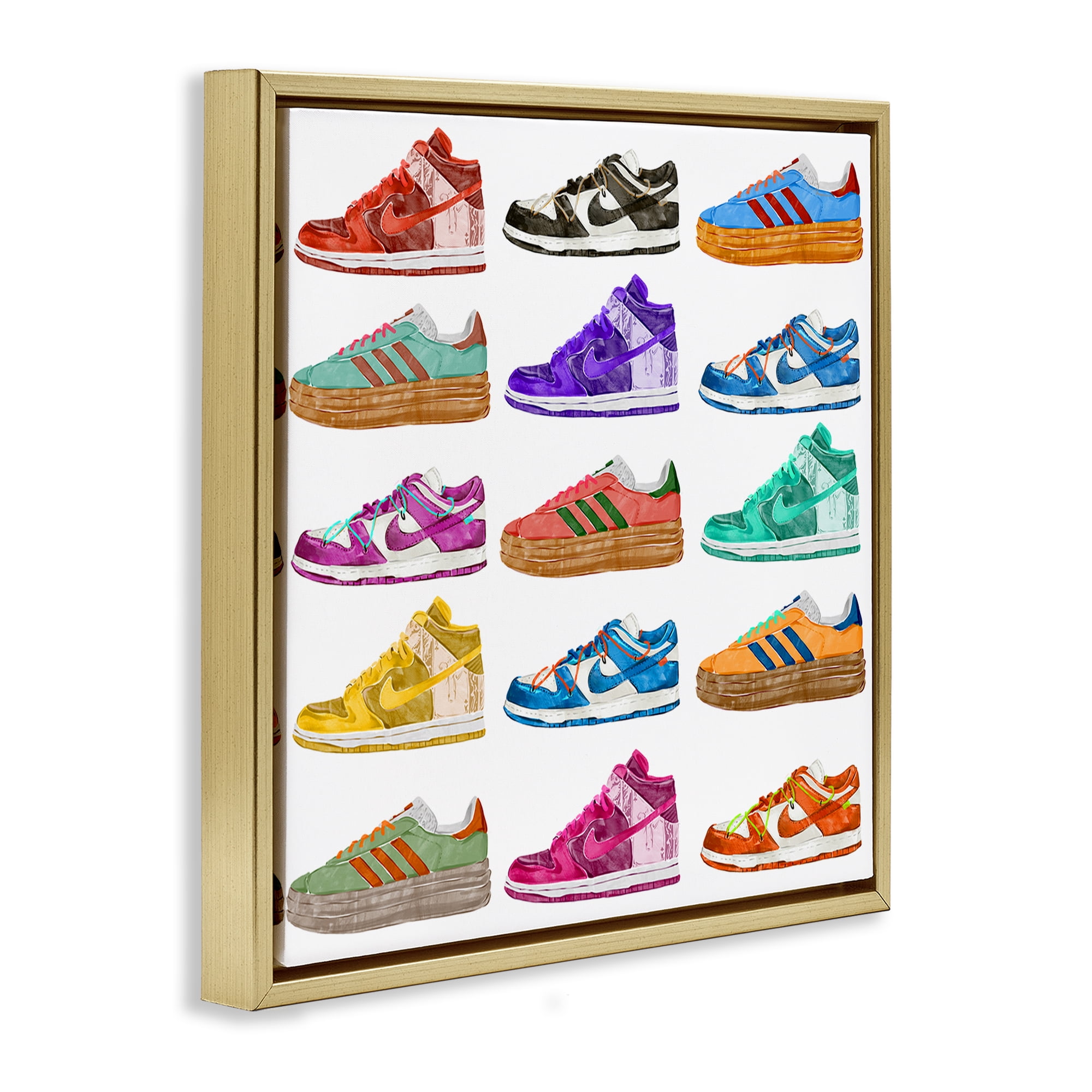 Stupell Industries Fashion Sneakers Array Fashion Painting Gold Floater Framed Canvas Art Print Wall Art, 18 x 18