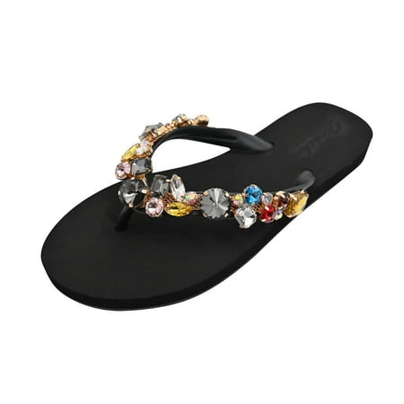 CHOII Clearance Ladies Fashion Summer Crystal Bohemian Style Slippers Beach Sandals Shoes Flip Flops for Women Special Anti-Slip Design Elegant and Refined Black/6