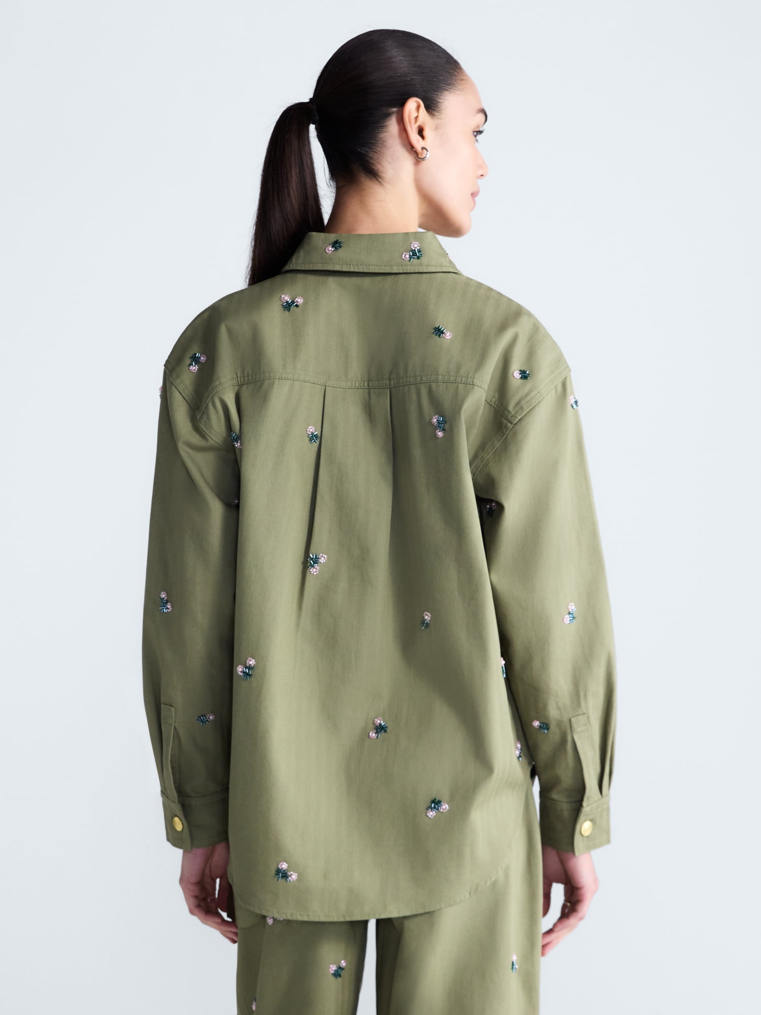 Free Assembly Women's Embellished Cotton Utility Shirt With Long Sleeves, Sizes XS-XXL