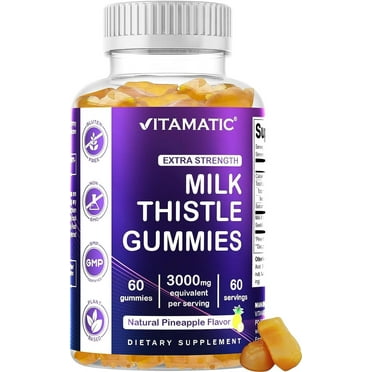 Vitamatic Milk Thistle Gummies - 3000 mg Equivalent - Liver Detox & Anti Oxidant Health - Min. 80% Silymarin Flavonoids - 60 Pectin Based Gummies