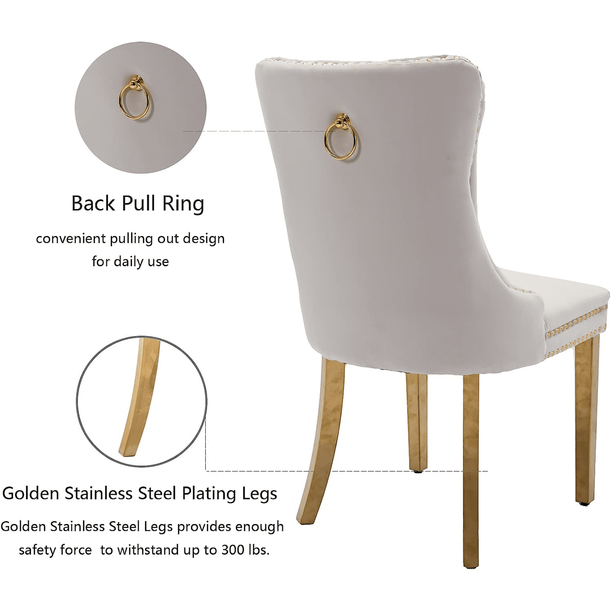 LegaHome Dining Chairs Set of 2, Modern Upholstered Velvet Dining Room Chairs with Nailhead Trim and Golden Stainless Steel Plating Solid Wood Legs, Tufted Button Padded Chairs Set for Kitchen, Beige
