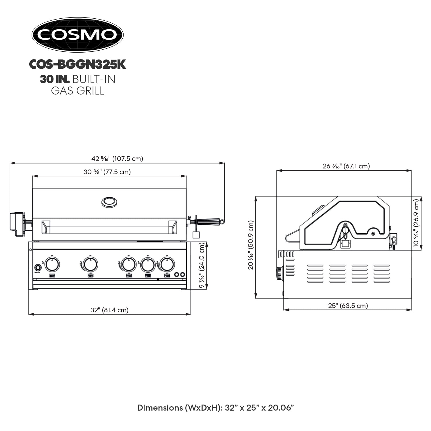 Cosmo 32 in. Built-In 4 Burner Propane Gas Grill with Infrared Rotisserie, Knob LED Lighting in Stainless Steel