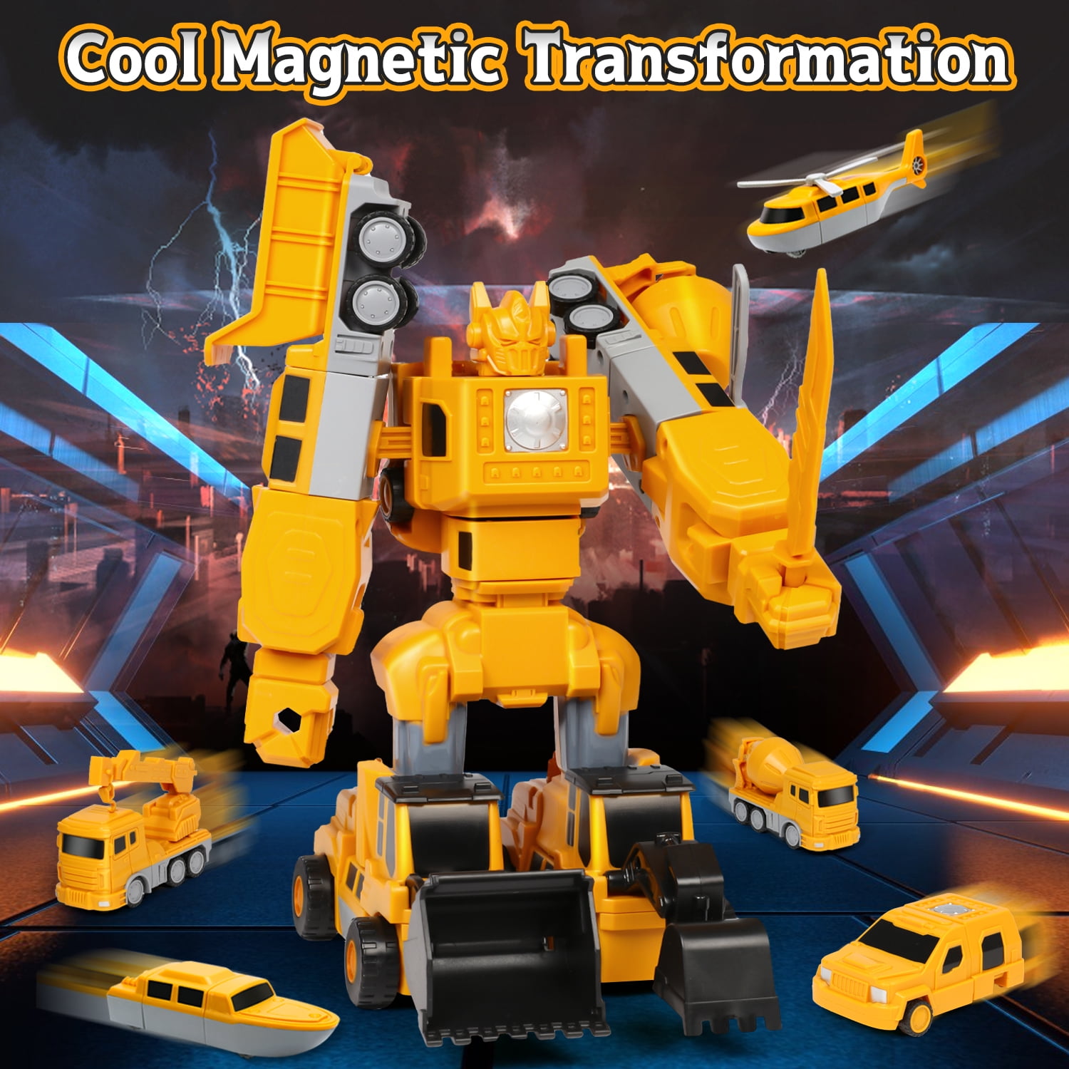 Huge Wave 8-In-1 Construction Vehicles Boys Toys Set, 12+ inch Magnetic Transform Robot Truck Set, DIY Toys with Connectors, Robot STEM Building Kids Christmas Gifts for 3-8 Year Old