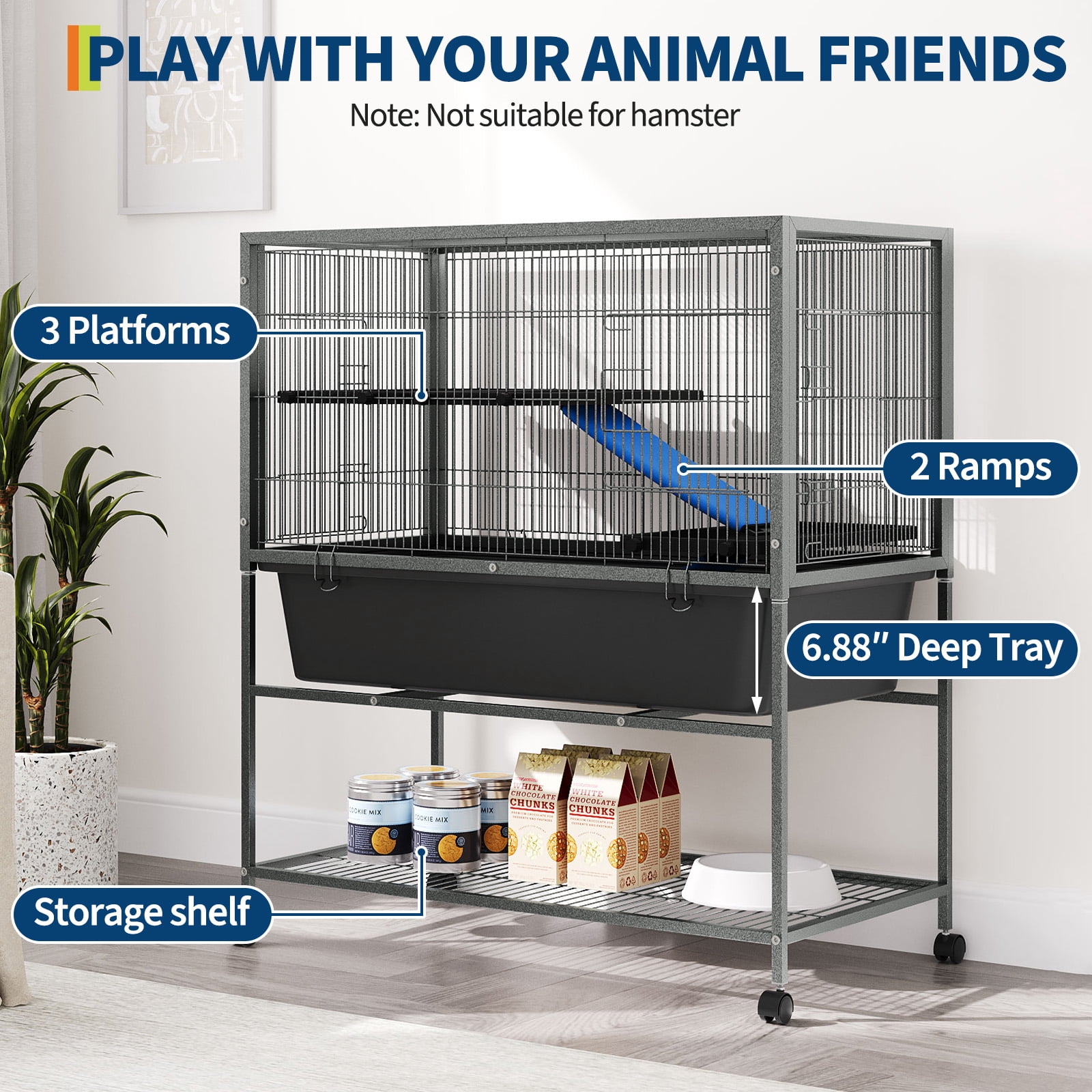 40.4" Large Ferret Nation Cage - with 3 Removable Platforms, Deep Tray & Storage Shelf, Metal Small Animal Cage on Wheels for Chinchillas, Rabbits, Guinea Pigs & Sugar Gliders