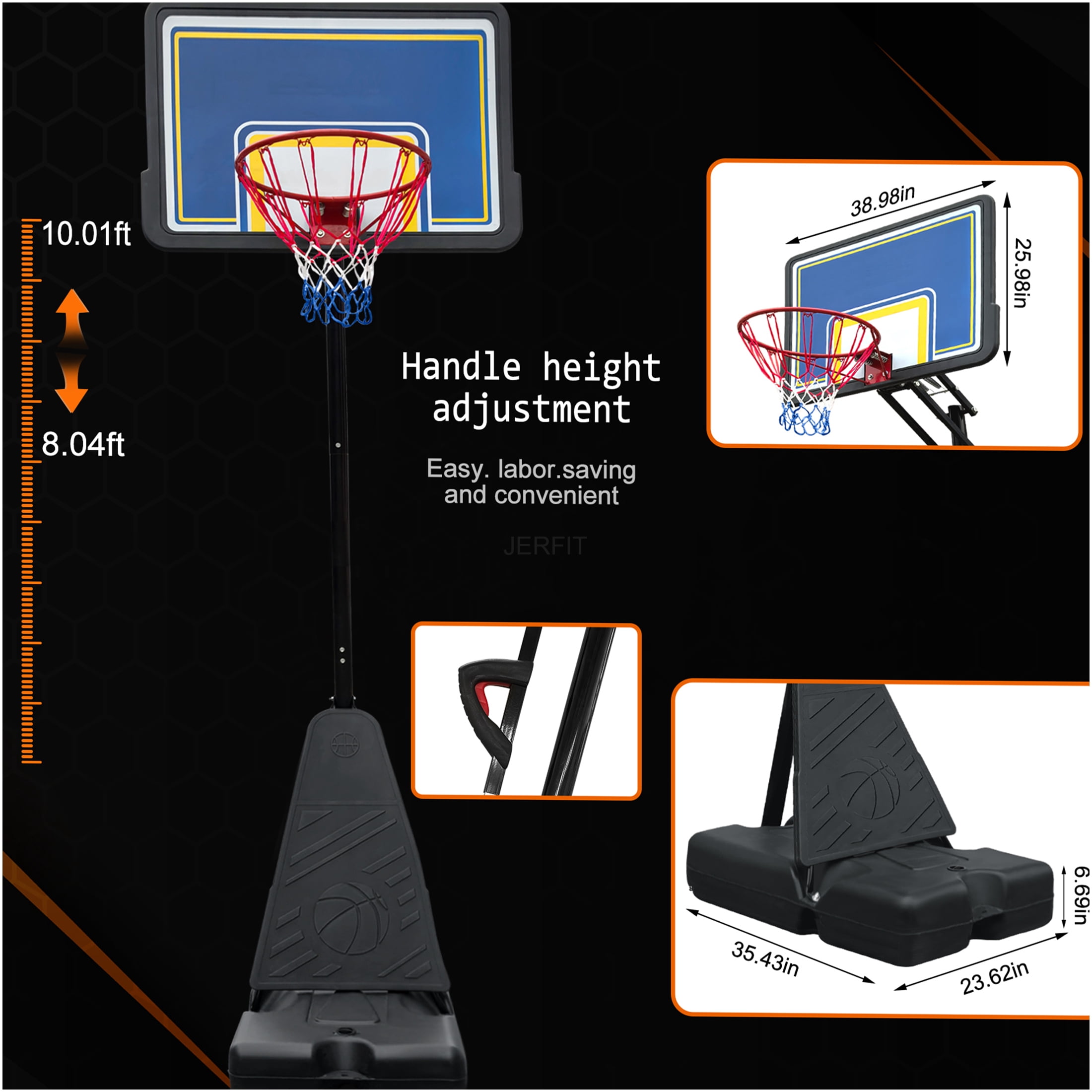 JERFIT Portable Basketball Hoop System with 39" Backboard, Adjustable Height 8-10 ft, Rebound Board, Wheels for Indoor Outdoor Use, Youth & Adults