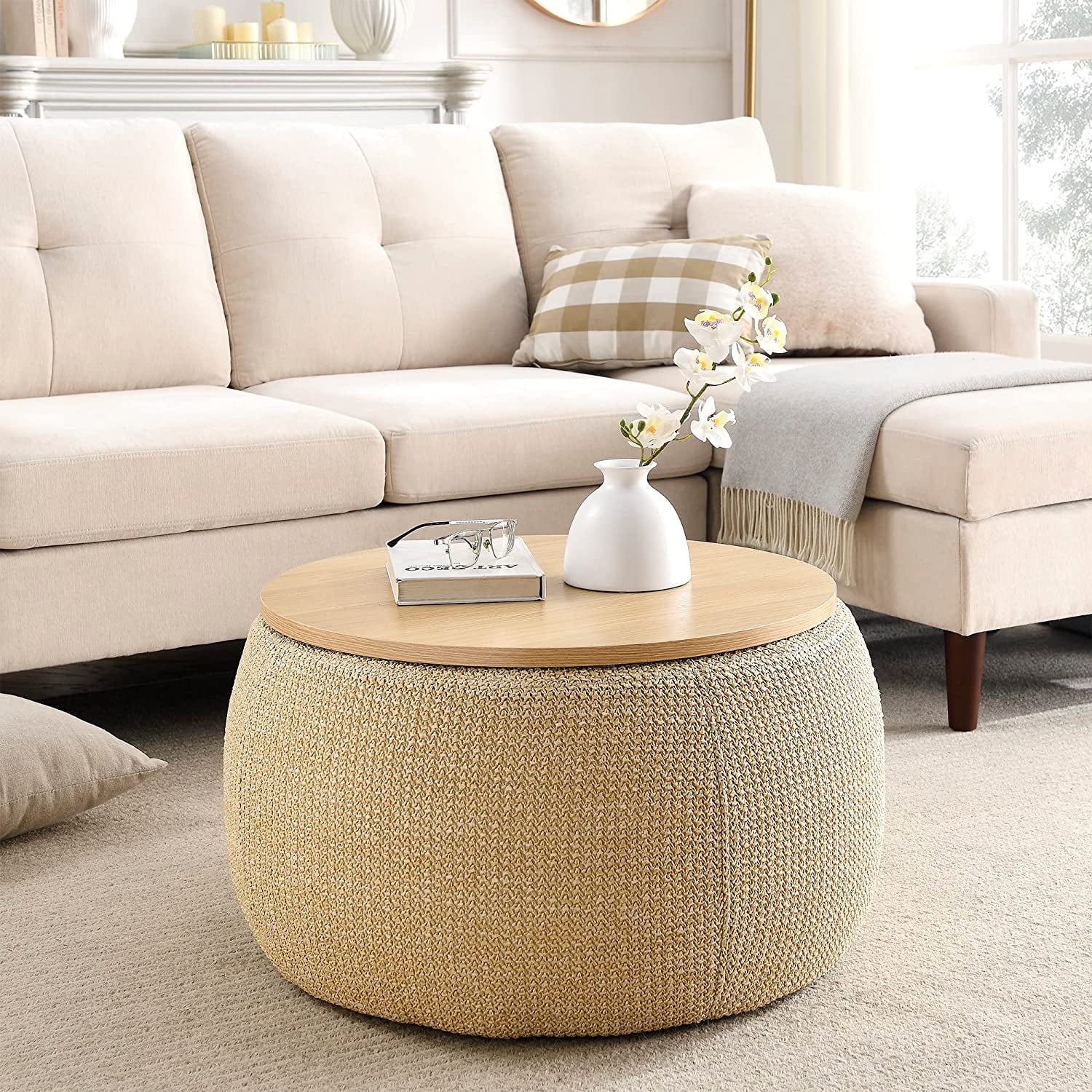 Modern Round Storage Ottoman with Wooden Lid,Circle Ottoman Handmade