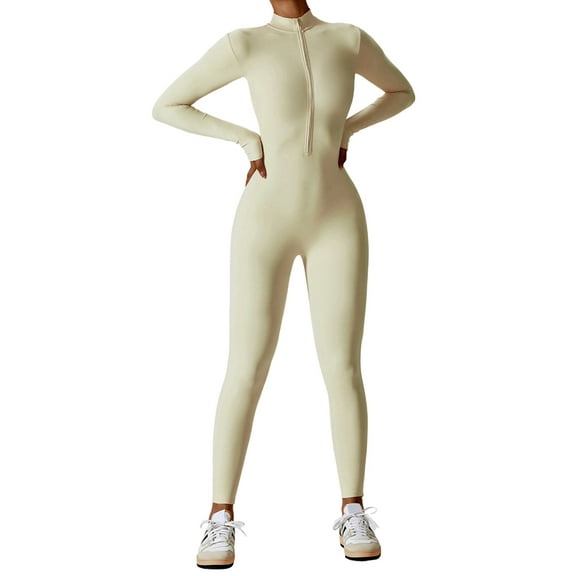 Women Long Sleeve Workout Jumpsuit Zip Up Romper Bottom Pants Bodysuit Bodycon Oatmeal Apricot S
