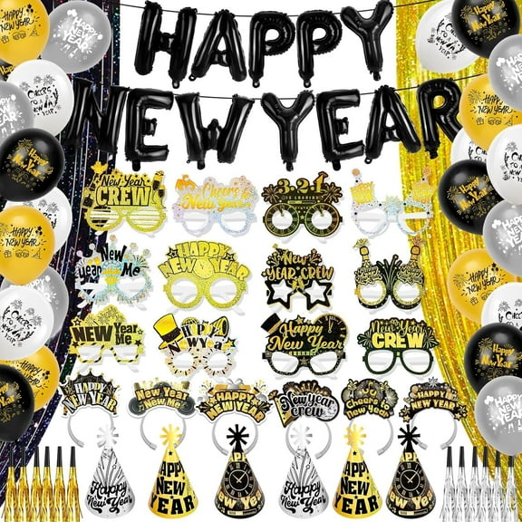 82PCS Glitter New Year Party Supplies 2026 Decorations Set, Black Gold New Year Hats, Happy New Year Headbands, Glasses, Foil Curtain Backdrop, Balloons, Party Blowouts for NYE Party 2026