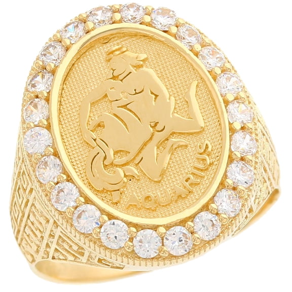 JackAni 10k Yellow Gold Zodiac Aquarius Oval Halo White CZ Men's Heavy Ring