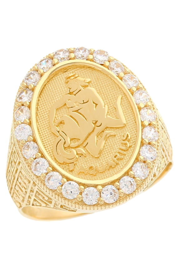 14k Yellow Gold Zodiac Aquarius Oval Halo White CZ Men's Heavy Ring