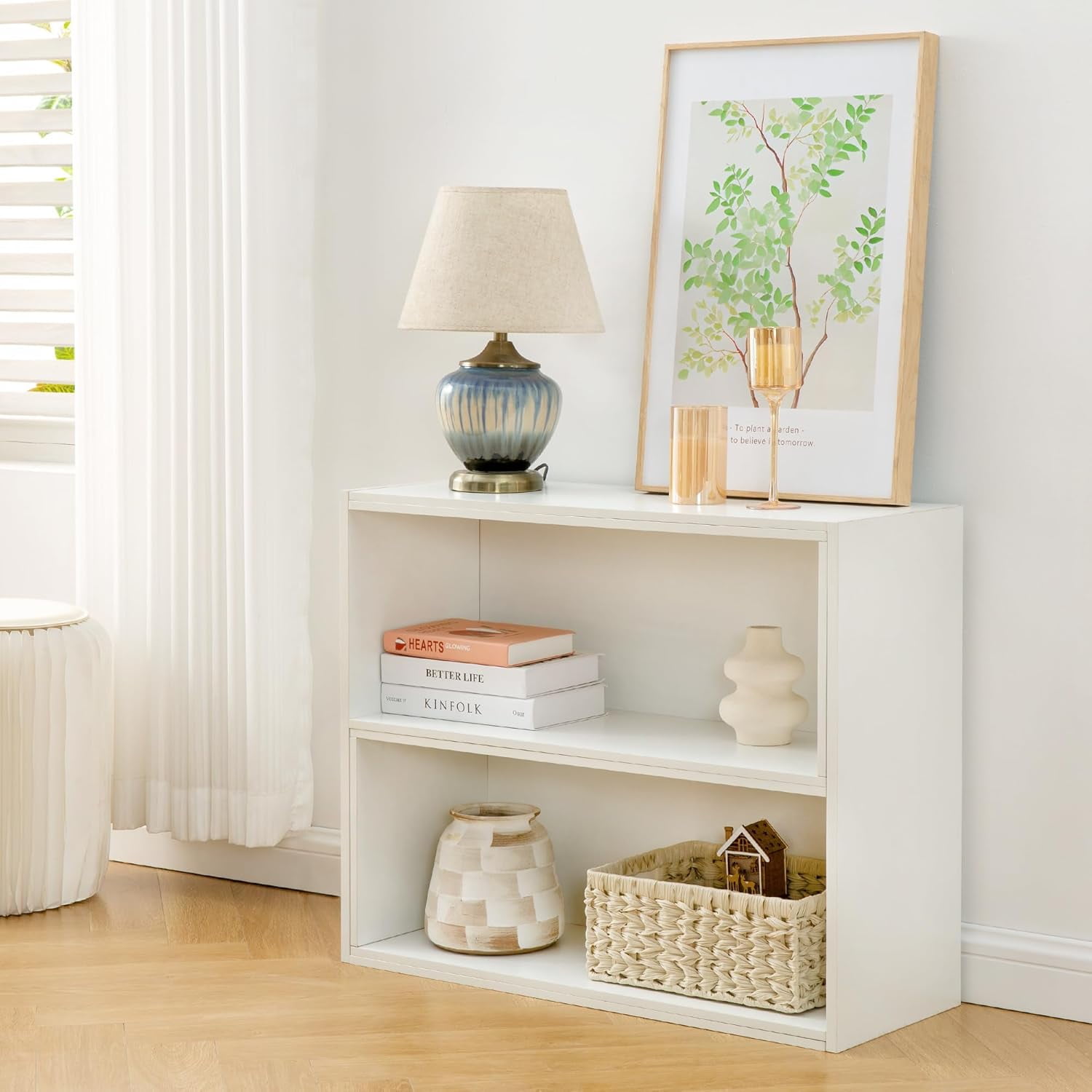 Reliancer TV Stand for TVs Up To 65‘’, Open Storage Shelf Cabinet, Corner TV Console Table, White