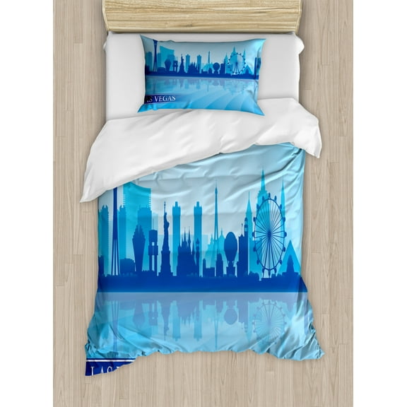 Las Vegas Duvet Cover Set Twin Size, Silhouette of an American City with Various Landmarks Nevada Downtown, Decorative 2 Piece Bedding Set with 1 Pillow Sham, Pale Blue and Blue, by Ambesonne