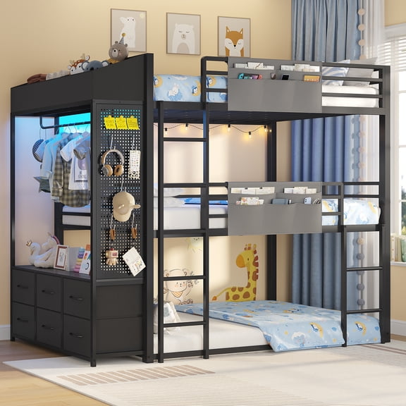Toogaho Triple Bunk Bed with Storage,Twin over Twin over Twin Size Metal Bunk Bed Frame with Ladder and Guardrail,Black