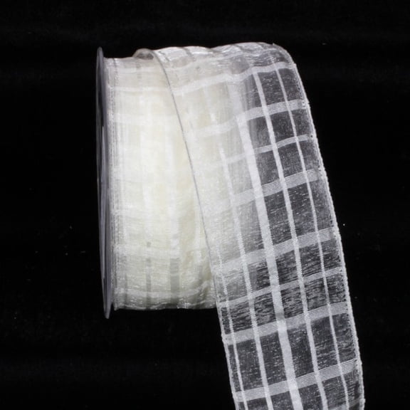 The Ribbon People Ivory White Solid and Sheer Check Wired Craft Ribbon 2" x 27 Yards