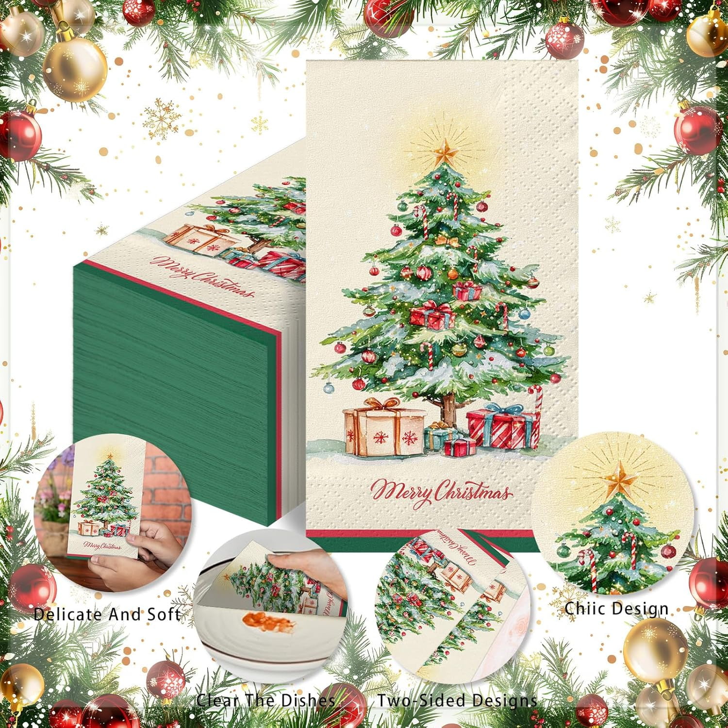 100 Pcs Christmas Disposable Paper Decorative Guest Napkins | Xmas Dinner Hand Napkin For Home Kitchen Bathroom Wedding Holiday Decor