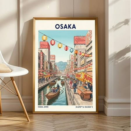 Osaka Canal Scene Print: Japanese Cityscape Gouache Illustration, Stretched Canvas Size 16x24