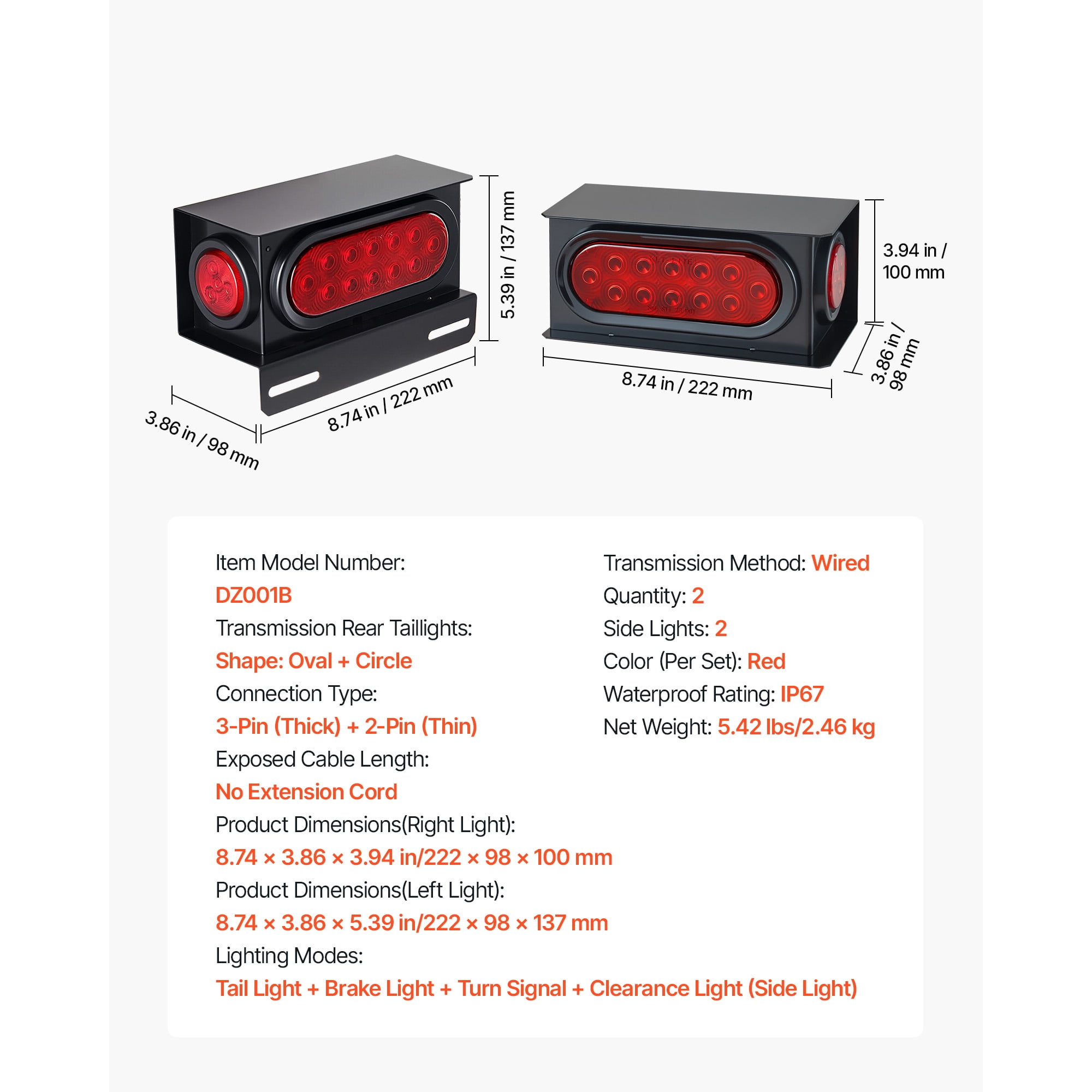 KFFKFF LED Trailer Tail Lights Kit, 10-30V Tow Lighting Set with Stop, Brake, Turn, and Clearance Functions, Waterproof Left and Right Lights for Boat, Truck, Camper, RV, Snowmobile, and Caravan
