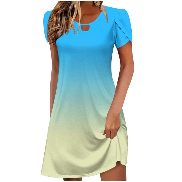 Robes Fluides pour Femmes Mini en Liquidation Robes d'Été pour Femmes 2025 Robe de Plage Dégradée Manches Courtes Mini Robe Tenues de Mode Tendance Printemps Nouveau Bleu Ciel m