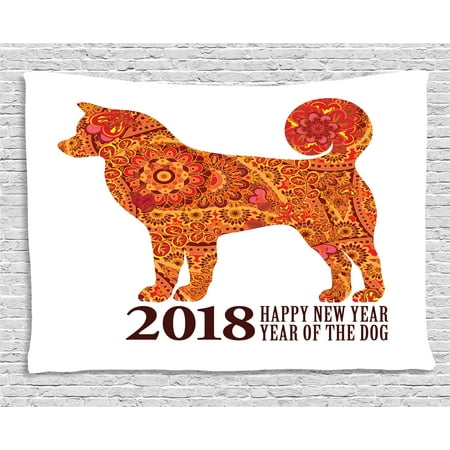 Flowers 2010 Wall Calendar - Year of the Dog Tapestry, Canine Design with Blooming Flowers and Hearts 2018 Festive Asian Calendar, Wall Hanging for Bedroom Living Room Dorm Decor, 60W X 40L Inches, Multicolor, by Ambesonne