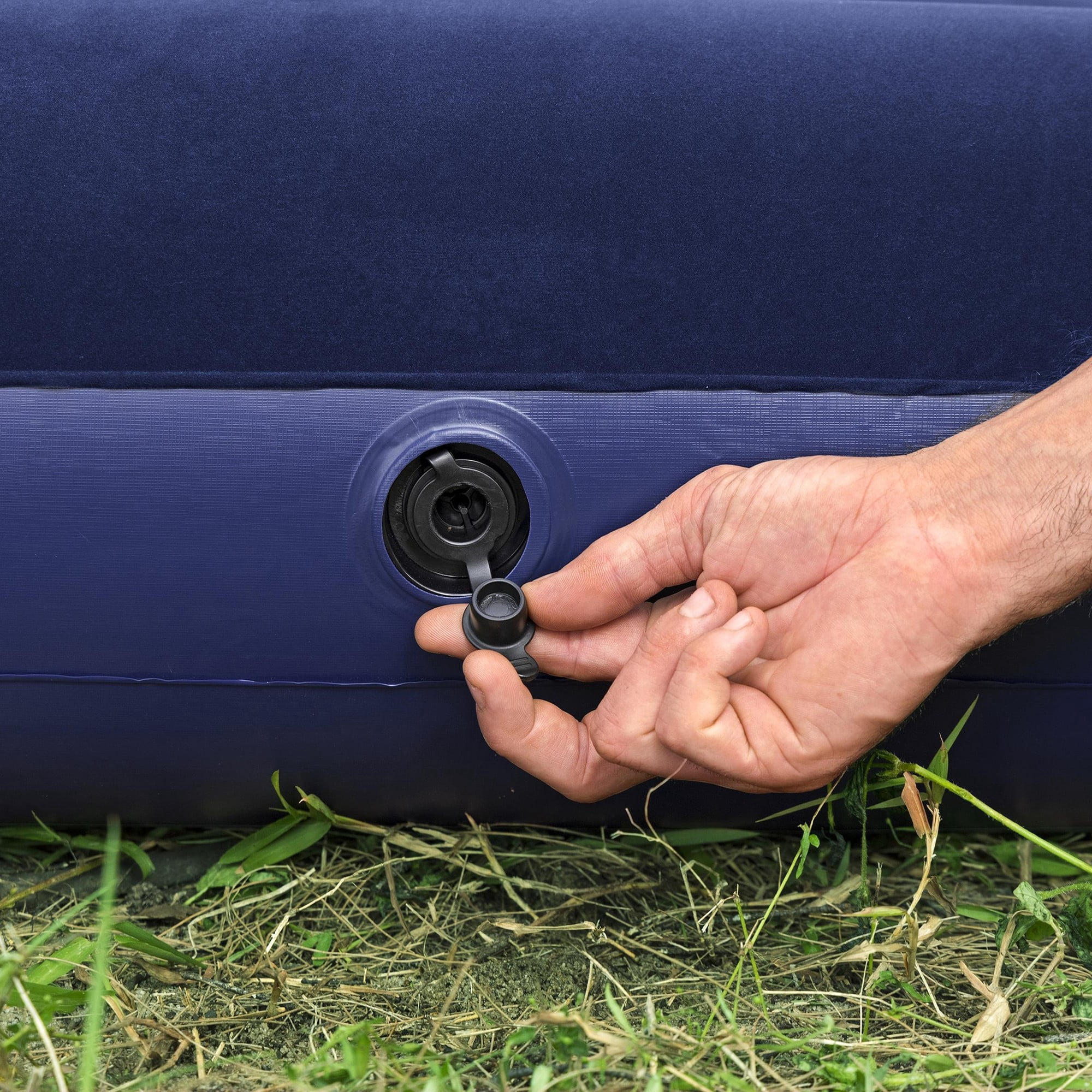 Bestway: Twin Flocked Air Bed - Blue, Inflatable Mattress, 74x39x11", Built-In Foot Pump & Pillow, Coil Beam Support Construction, Plush Top, Outdoor