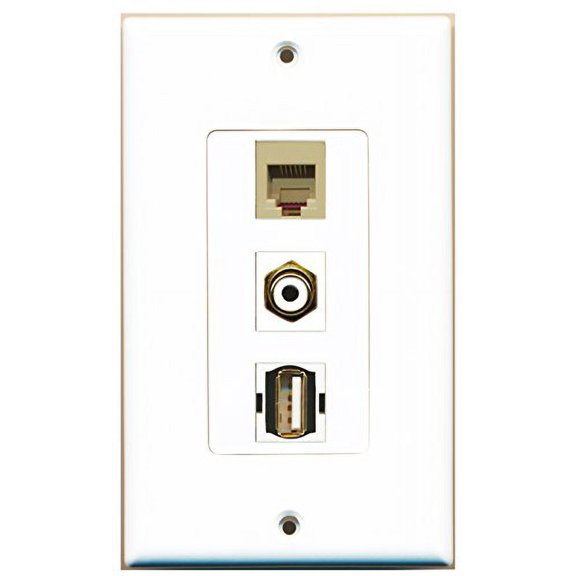 RiteAV - 1 Port RCA White and 1 Port USB A-A and 1 Port Phone RJ11 RJ12 Beige Decorative Wall Plate Decorative