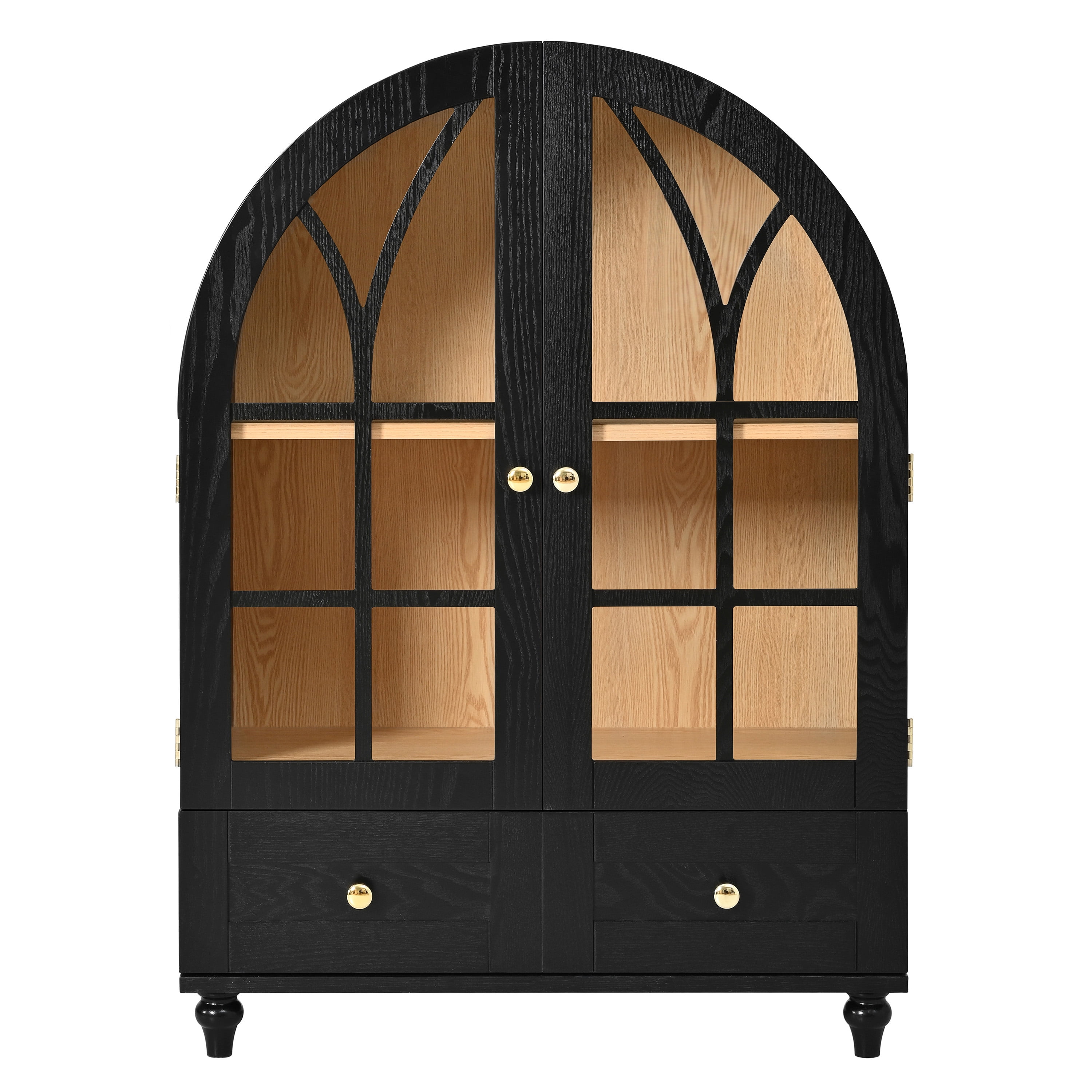 Display Cabinet with Arched Design and Tempered Glass Doors, Wood Curio Cabinet and Storage Stand with Drawer for Living Room Dining Room Office, Black